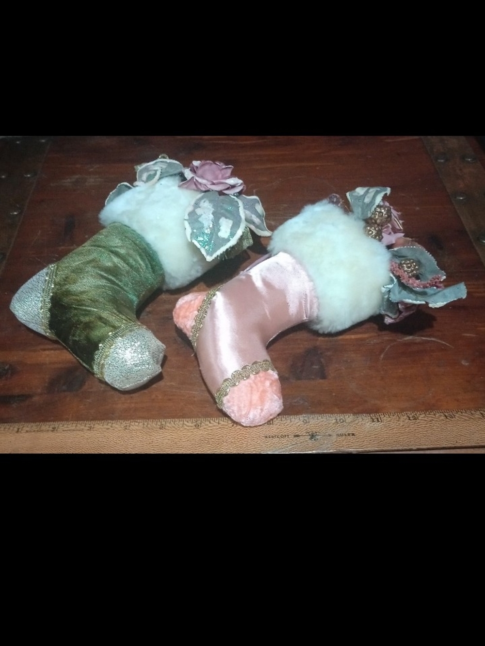 Decorative Velvet Holiday Stocking Pair in Green and Pink